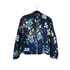 Zara Woman Floral Print Bomber Jacket With Elastic Hem & Cuffs Navy/Multicolor S
